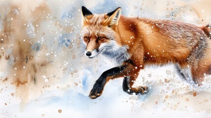 Fototapeta premium Abstract watercolor of a fox leaping through the snow, soft blues and whites, capturing motion and grace