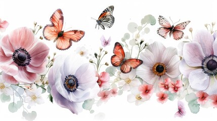 Delicate watercolor anemones and butterflies, elegant and refined, on a white background