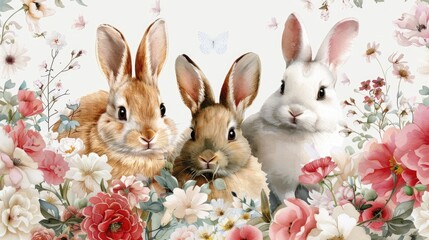 Playful watercolor bunnies amidst spring flowers