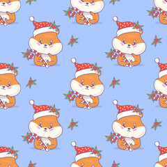 Cute Christmas seamless pattern with cartoon hamster rodent character in Santa hat with striped candy cane on blue background with holly. Vector illustration. Kids collection