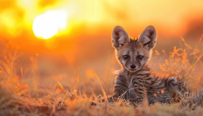 A cute African wild dog pup sits in the grass at sunset.