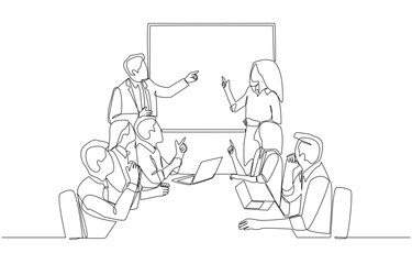Continuous one line drawing of businesspeople having marketing plan discussion in conference room, brainstorming about project concept, single line art.