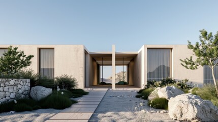 Minimalist habitat with supportive community features, showcasing simplicity in design and harmonious living, set in a peaceful landscape