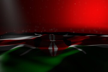 cute anthem day flag 3d illustration. - dark illustration of Kenya flag lying on red background with bokeh and empty space for your text