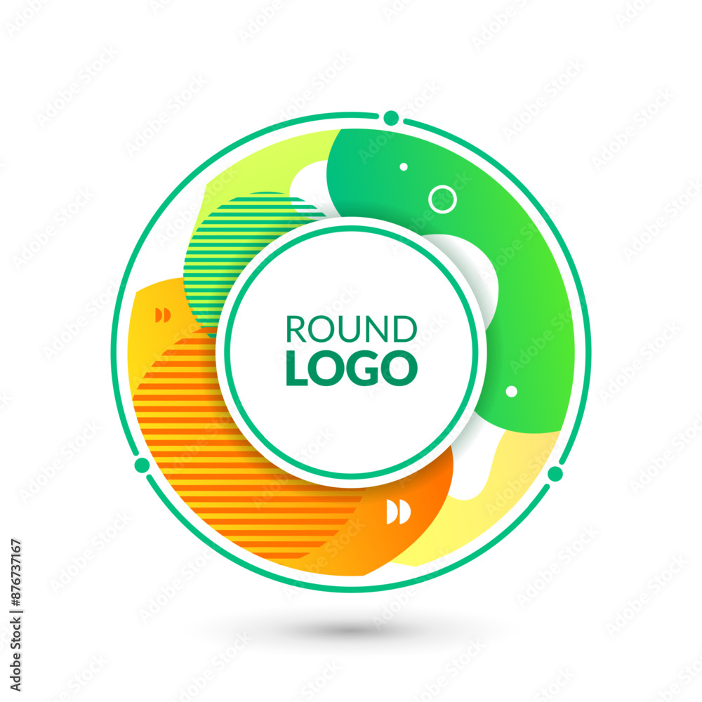 Poster Abstract circle logo. Round frame icon. Corporate identity. Liquid geometric shapes. Pattern with dynamic forms. Color line blobs. Company emblem. Vector Memphis design business badge