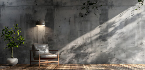 Modern interior design, gray concrete wall with copy space and modern armchair on wooden floor