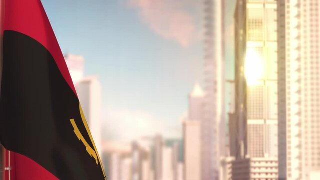 Angola flag at sunset with modern city architecture