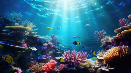 Underwater with colorful sea life fishes and plant at seabed background, Colorful Coral reef landscape in the deep of ocean. Marine life concept, Underwater world scene.