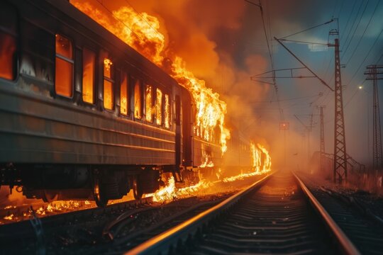 Accident on the railway tracks, the train in fire dynamic motion, tragedy