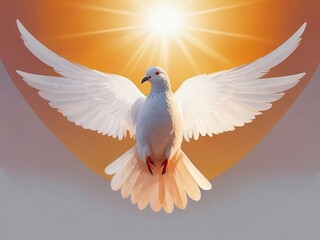 Fototapeta premium A majestic pigeon with its wings outstretched, basking in the warm glow of the sun on Global Forgiveness Day. The minimalist style captures the essence of forgiveness and acceptance.