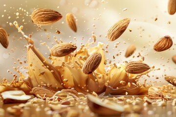 Almond nuts explosion splash or falling in realistic closeup for advertising banner or poster background