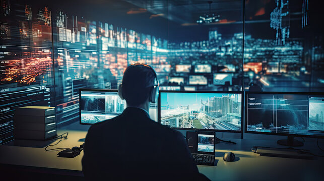 Security guards in security control room with video wall or legal service of danger in office Worker, law patrol, Police Officer's Expertise in an Emergency Call Center, Blurred image