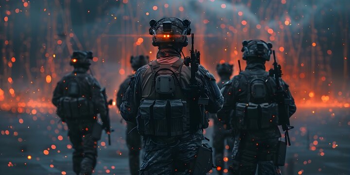 Soldiers in digital networks globally engaged in cyber warfare for control. Concept Cyber Warfare, Global Security, Military Tactics, Digital Networks, Information Warfare