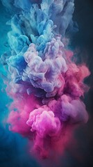 Blue and pink color fluid splash vapor cloud dispersing on a glitter dust texture, each particle reflecting light and enhancing the luminosity of the colors, creating a dreamy and ethereal atmosphere,