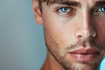 Obraz premium Beautiful and sexy looking man close-up studio portrait. Model with smokey eye shadows and bright skin