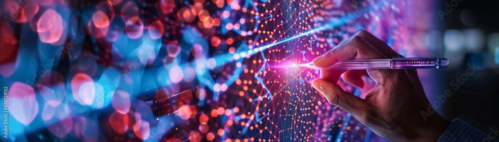 Poster hand interacting with digital interface, representing futuristic technology and innovation in data v