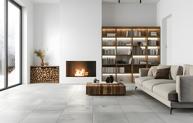 Modern living room with a fireplace and white walls