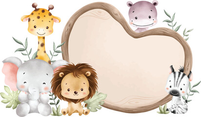 Watercolor Illustration Wooden Board and Baby Safari Animals © Stella