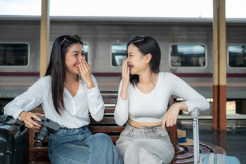 Smiling women on the station platform with happily looking into a smartphone, girls standing at train station take selfie photo on smartphone