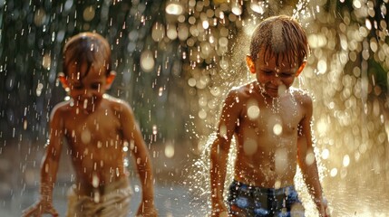 Obraz premium Two young boys are playing in the rain, splashing water on each other