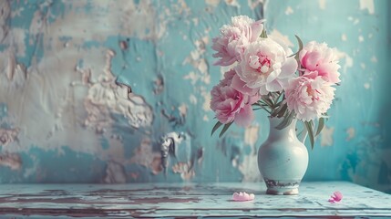 Bouquet of peonies in a jug against the backdrop of a vintage wall and table. Retro style, toned photo.