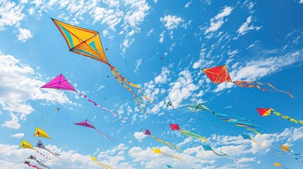 A blue sky with many kites flying in it