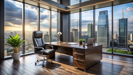 Fototapeta premium Modern Office Interior With Large Windows And City View.