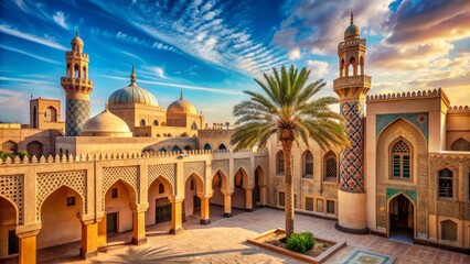 Naklejka premium The Beautiful Courtyard Of A Mosque With Intricate Tile Work And A Palm Tree
