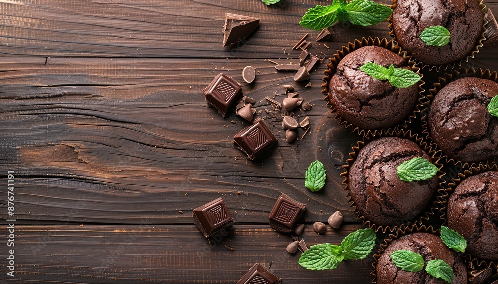 Wall mural Chocolate cupcakes with mint on wooden table