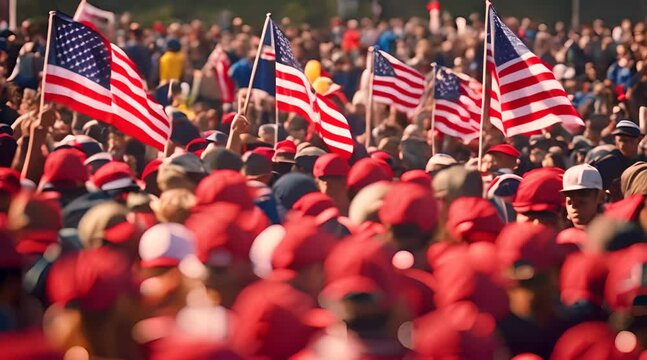 Crowds gather of red hats while waving American flags white watching a right wing candidate speak at a republican campaign rally