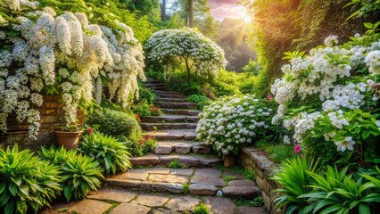 A Beautiful Garden Path Leads To A Stone Staircase, Surrounded By Lush Greenery And White Flowers.