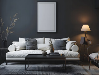 Modern living room with grey walls and white furniture. A white poster mockup hangs on the wall