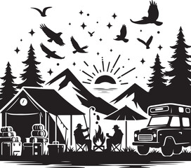 Fototapeta premium Hand Drawn Minimalist Camping Linocut Silhouette Elegant Black and White Icon Sleek Monochromia Vector
