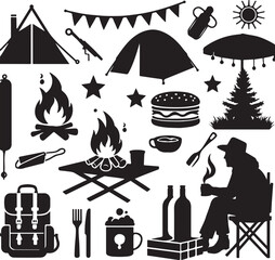 Obraz premium Hand Drawn Minimalist Camping Linocut Silhouette Elegant Black and White Icon Sleek Monochromia Vector