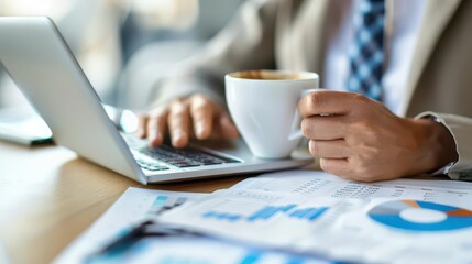 Fototapeta premium Accountant calculating numbers with a coffee cup nearby, drinking coffee workplace, financial diligence