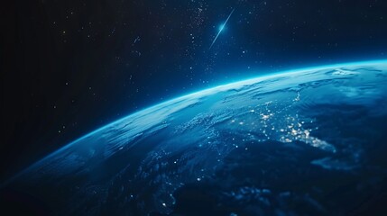 Background of earth from space with a blue sky and stars. 