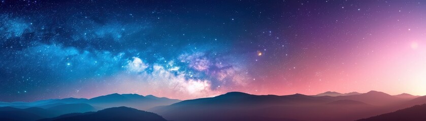 Naklejka premium Stunning panorama of a starry night sky over mountain range. Beautiful colors and a sense of tranquility capture the essence of natural beauty.