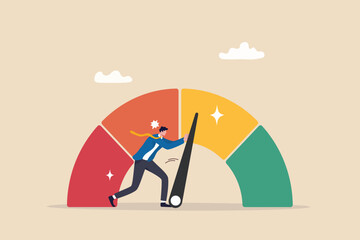 Push skill level, credit score or increase performance, improvement or effort to be better, excellent customer feedback review, gauge scale rating concept, businessman pushing skill performance gauge.