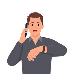 Stressed man talking by phone while looking at watch. Flat vector illustration isolated on white background