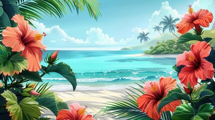 Exotic hibiscus blossoms, tropical island flat design, front view, beach paradise theme, animation, vivid