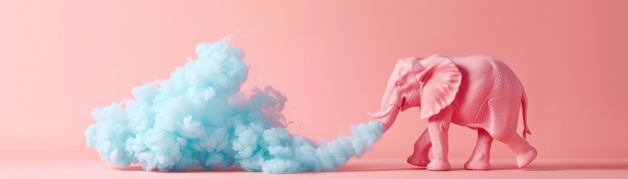 Surreal pink elephant blowing blue cotton candy cloud on pastel pink background, capturing whimsical and creative concept in vibrant colors.