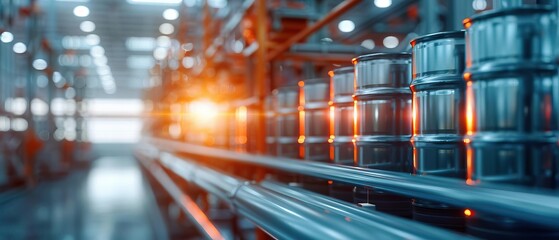 Fototapeta premium Industrial factory interior with production line of metal cans, automated machinery, and bright lighting, emphasizing manufacturing process.