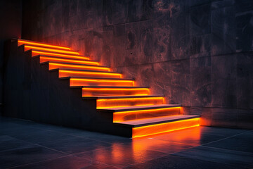 Glowing orange staircase in a dark interior, symbolizing spiritual and career advancement, personal development