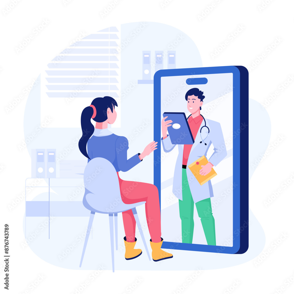 Canvas Prints woman talking with online doctor on mobile, flat illustration