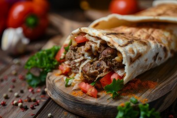 A mouthwatering shawarma consisting of tender, spiced meat, fresh vegetables and a creamy sauce.