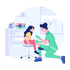 Nurse doing injured kid bandage, flat character illustration 