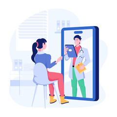 Woman talking with online doctor on mobile, flat illustration 