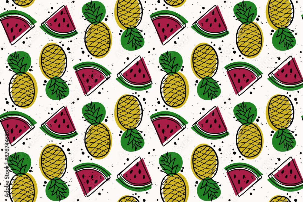 Poster Colored watermelons and pineapples on a white background. Vector pattern with drawn watermelon slices and whole pineapples.