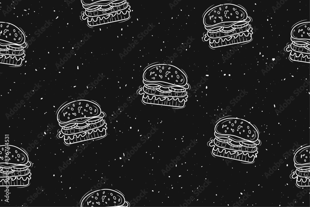 Poster hamburgers on a black background. vector simple pattern with hamburgers.