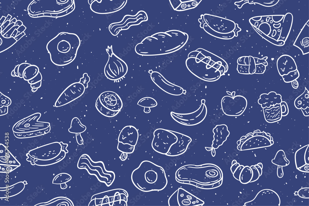 Poster drawn food on a blue background. vector pattern with different food.